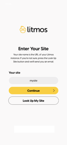 This is the Litmos Mobile App login page - enter your site here
