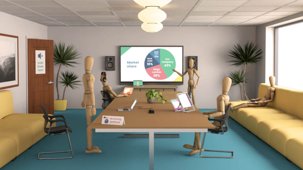 meeting room with accessible details, including natural light from larger windows, no strong perfume, no fluorescent lighting, headphones on a participant, a person joining online/remotely, screen magnifier for laptop, diagram/images on interactive screen, and alternative seating options