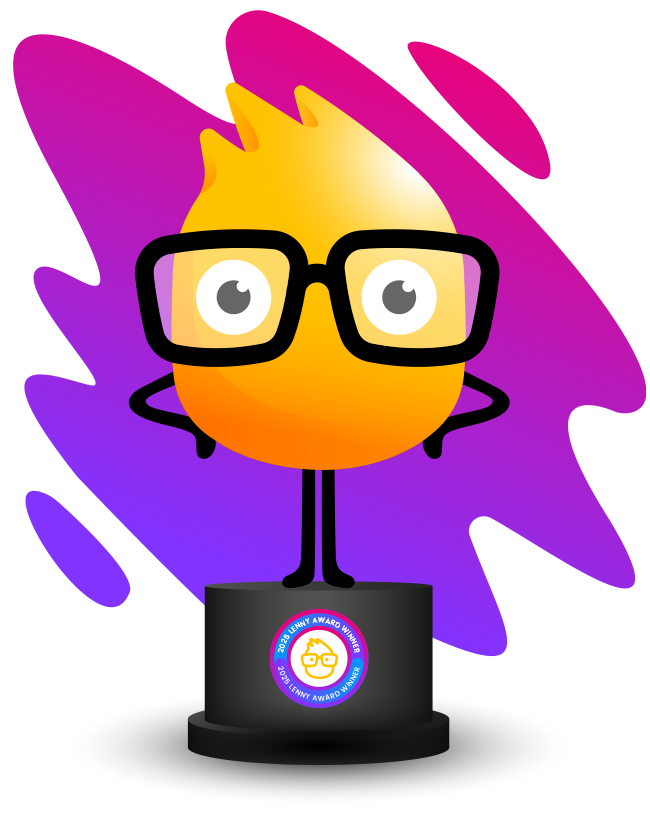 Litmos mascot Lenny standing on a podium